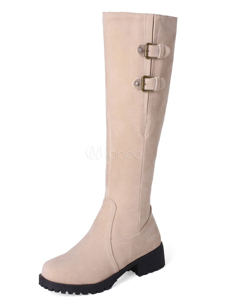 Women Suede Boots Ecru White Knee High Boots Round Toe Buckle Detail Winter Boots | Milanoo