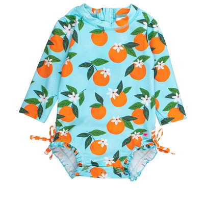 RuffleButts Baby Girls Orange You The Sweetest Long Sleeve UPF50+ One Piece Rash Guard - Blue Orange You The Sweetest, 0-3m | Target