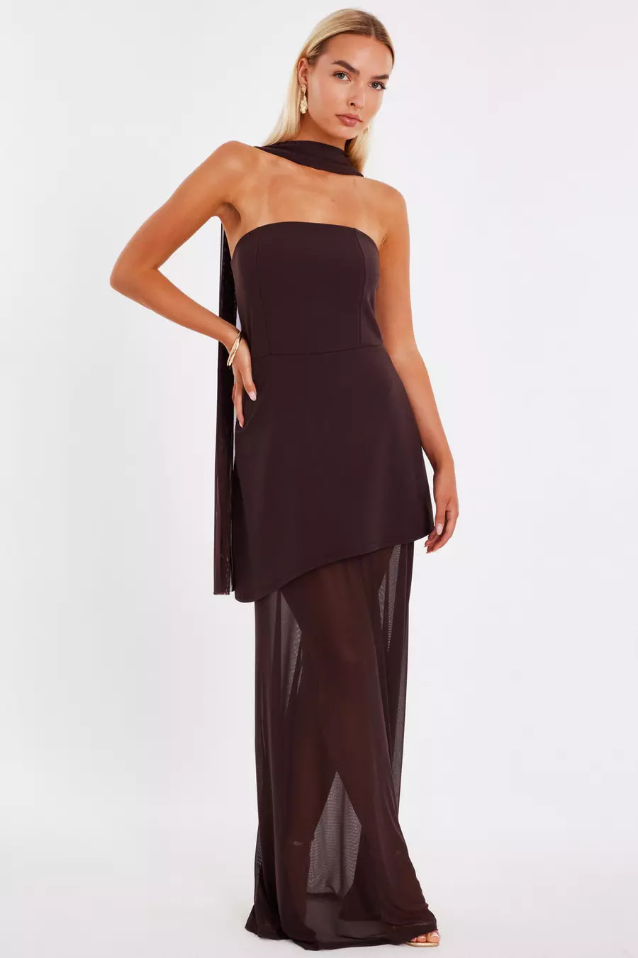 Brown Strapless Mesh Hem Maxi Dress | Quiz Clothing