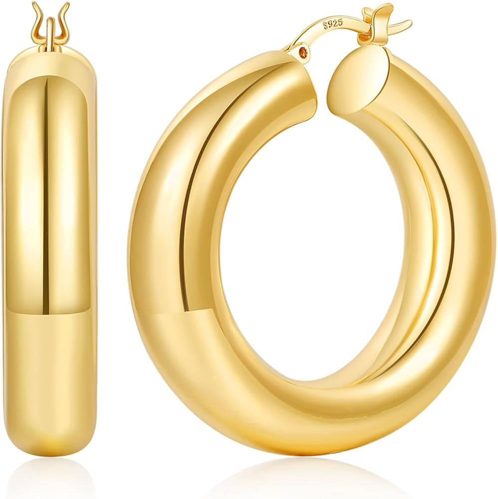 8mm Chunky Gold Hoop Earrings Hypoallergenic 925 Sterling Silver Hollow Tube Hoop Earring Lightwe... | Amazon (US)