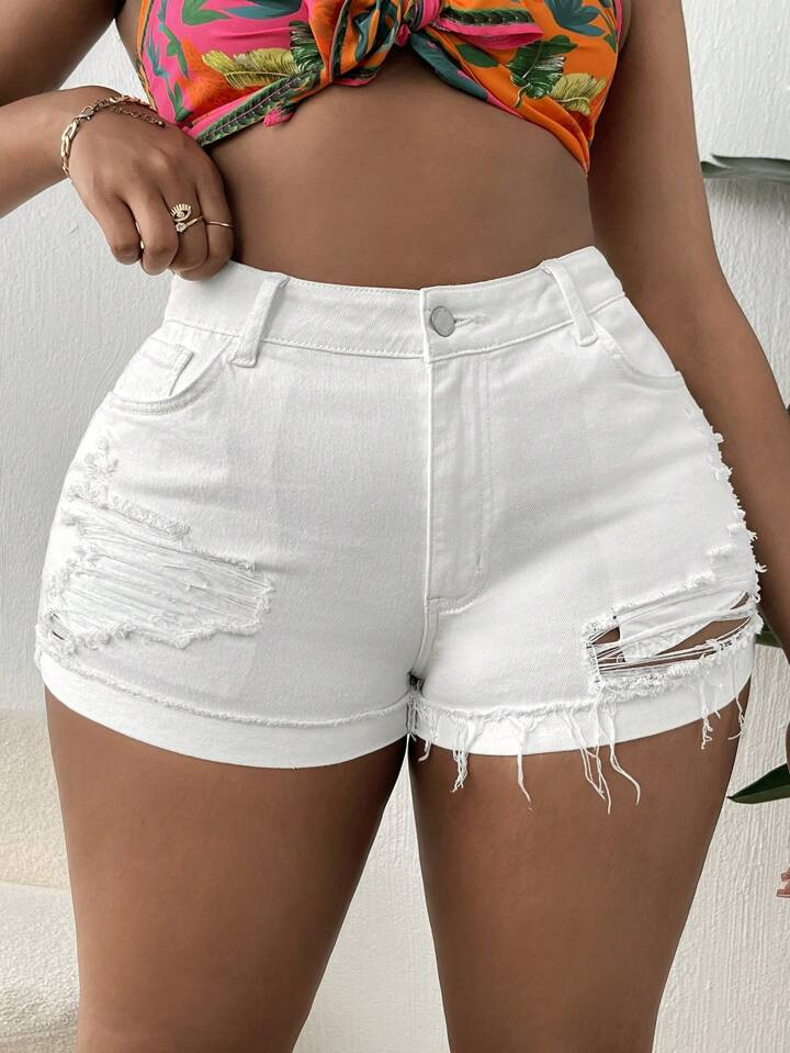 SHEIN SXY Plus Ripped Raw Cut Denim Shorts | SHEIN