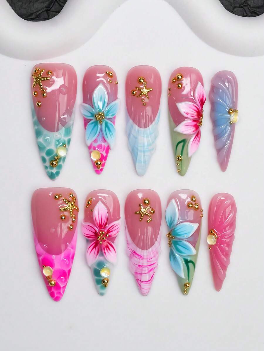 Almond-Shaped Handmade Press-On Nails, Y2K Baddie Style, Nude, Pink, Blue, Red Nail Tips With Fre... | SHEIN