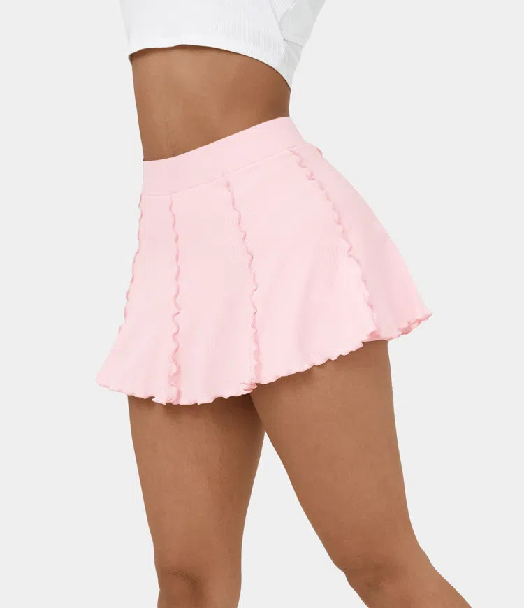 Ribbed Knit High Waisted Contrast Trim Frill 2-in-1 Side Pocket Mini Tennis Skirt | HALARA
