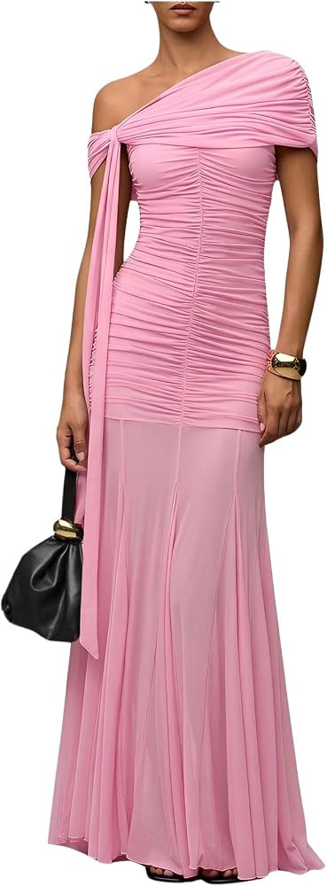 Verdusa Women's Corset Dress Wedding Guest Dresses Statement Holiday Off Shoulder Ruched Mesh Formal Outfits | Amazon (US)