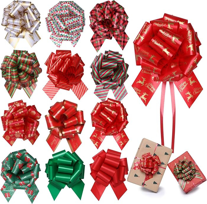 12 pcs Large Christmas Bows for Gift Wrapping,5 inch Wide Xmas Pull Bows for Presents,Christmas G... | Amazon (US)