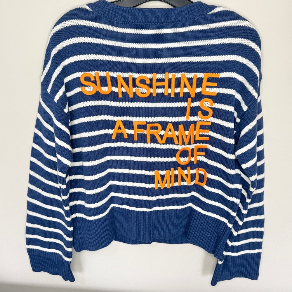 Kerri Rosenthal Sweater Sunshine Is A Frame Of Mind Blue White Stripe NEW Small | Poshmark