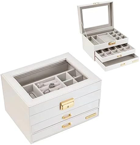 Jewelry Boxes for Women with Glass Lid and Lock, 3-Tier Jewelry Organizer box with 2-Layer Drawer... | Amazon (US)