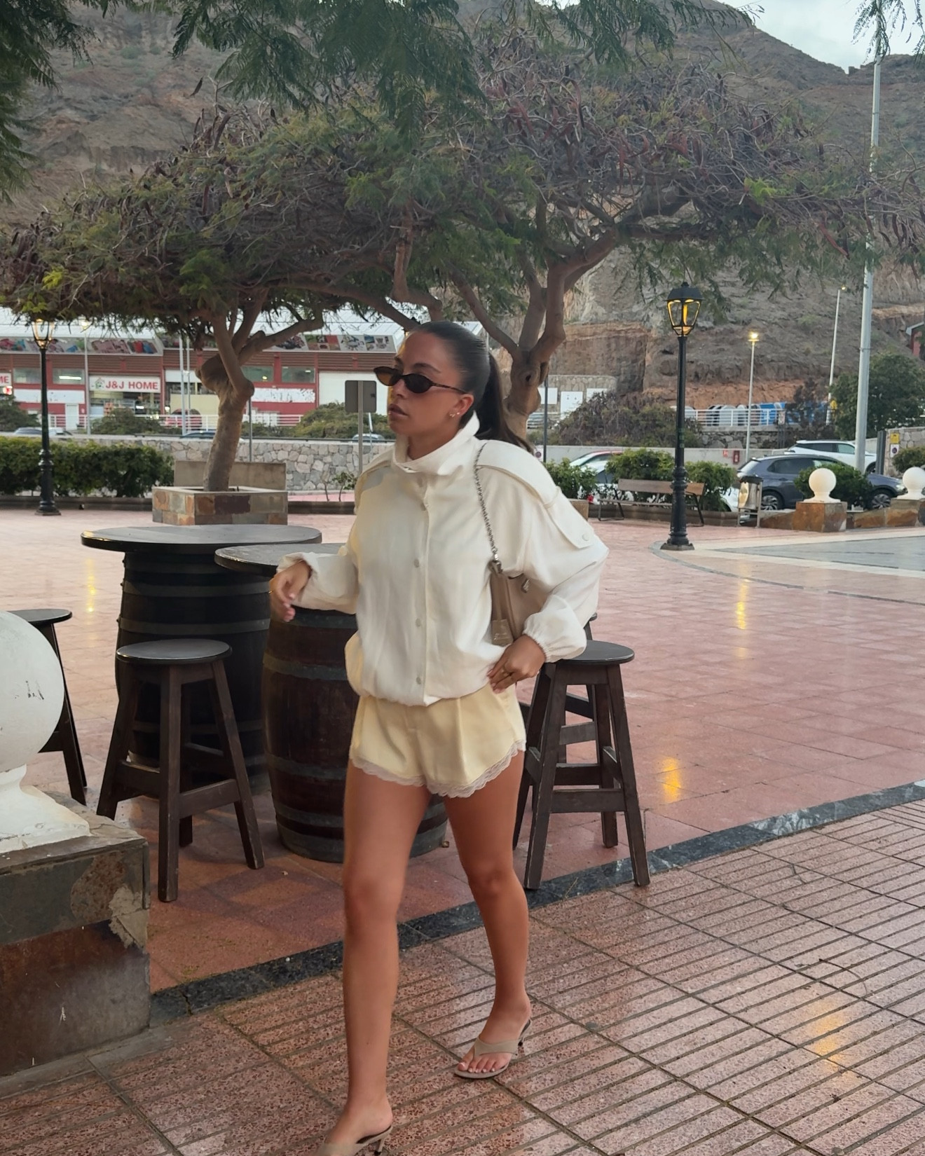 Holiday outfit - Travel outfit - white jacket - satin lace shorts - kitten heels - ootn - chic outfit - date night

#LTKspring #LTKstyletip #LTKsummer