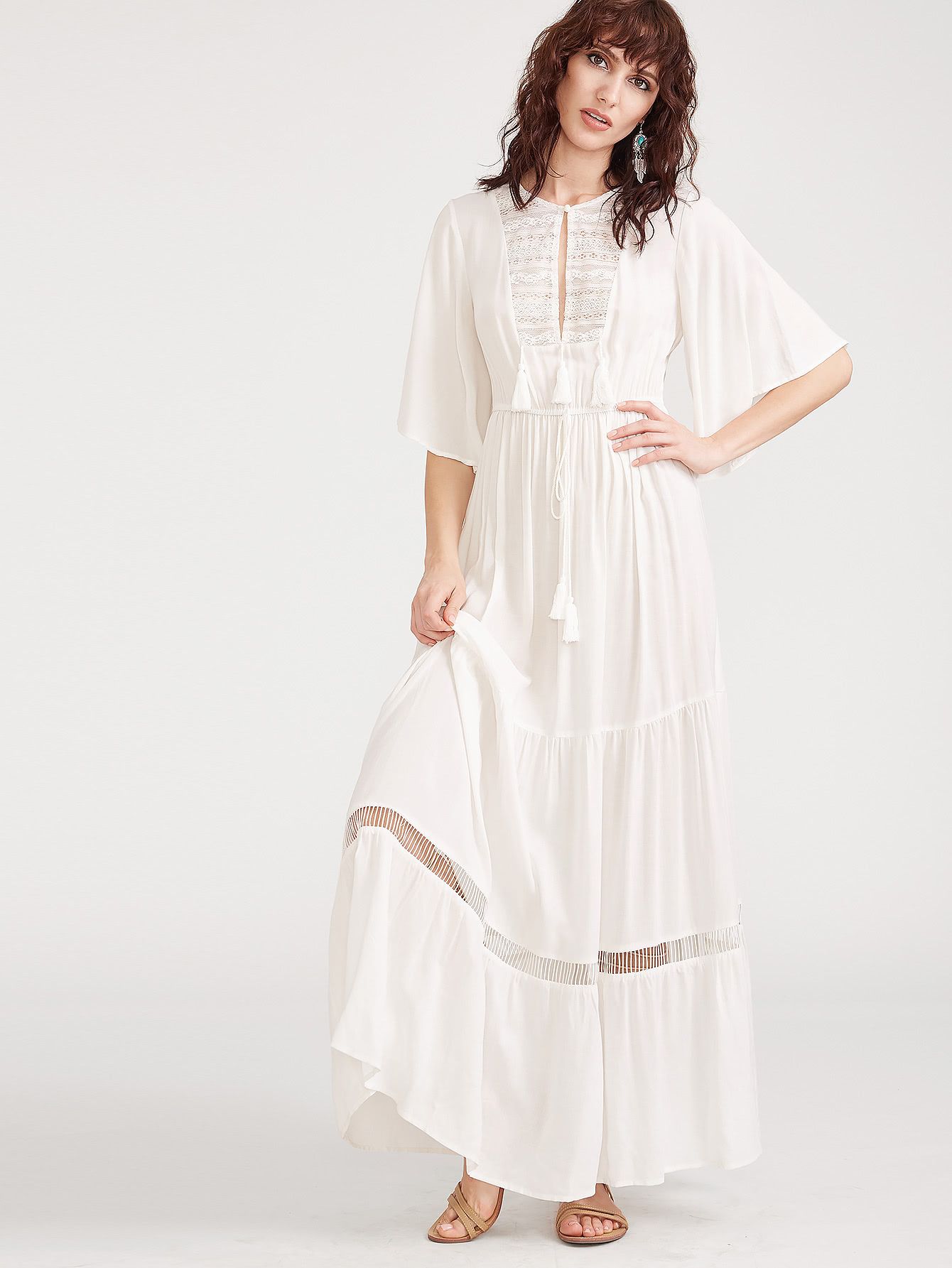 White Lace Yoke Flutter Sleeve Tasseled Tie Peasant Dress | SHEIN