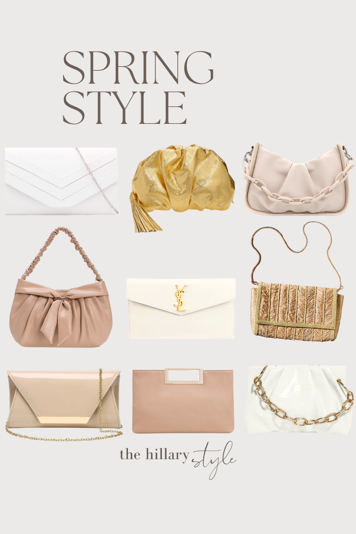 Spring Style: Handbags. 

Perfect spring handbags for weddings, bridal shower, baby showers, graduation, Easter, date night. Gold clutch, neutral clutch, tote, evening bag, crossbody bag, evening purse, white handbag, white clutch, event purse. 

#LTKstyletip #LTKFind #LTKitbag