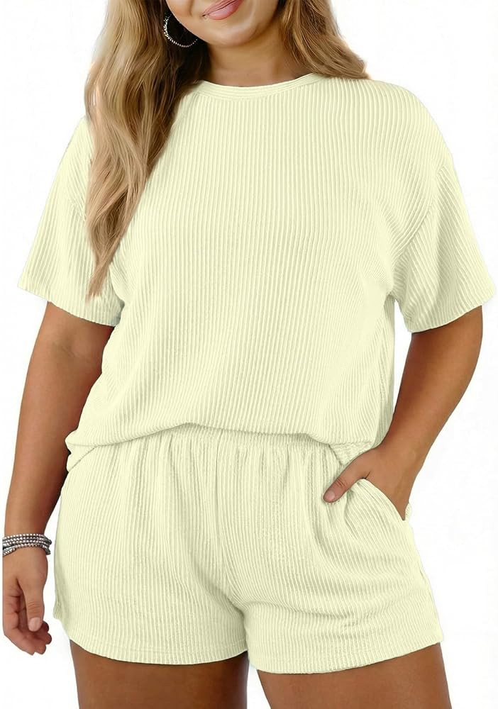 Eytino Plus Size Two Piece Sets for Women Short Sleeve Shirts High Waisted Shorts Pajamas Lounge ... | Amazon (US)
