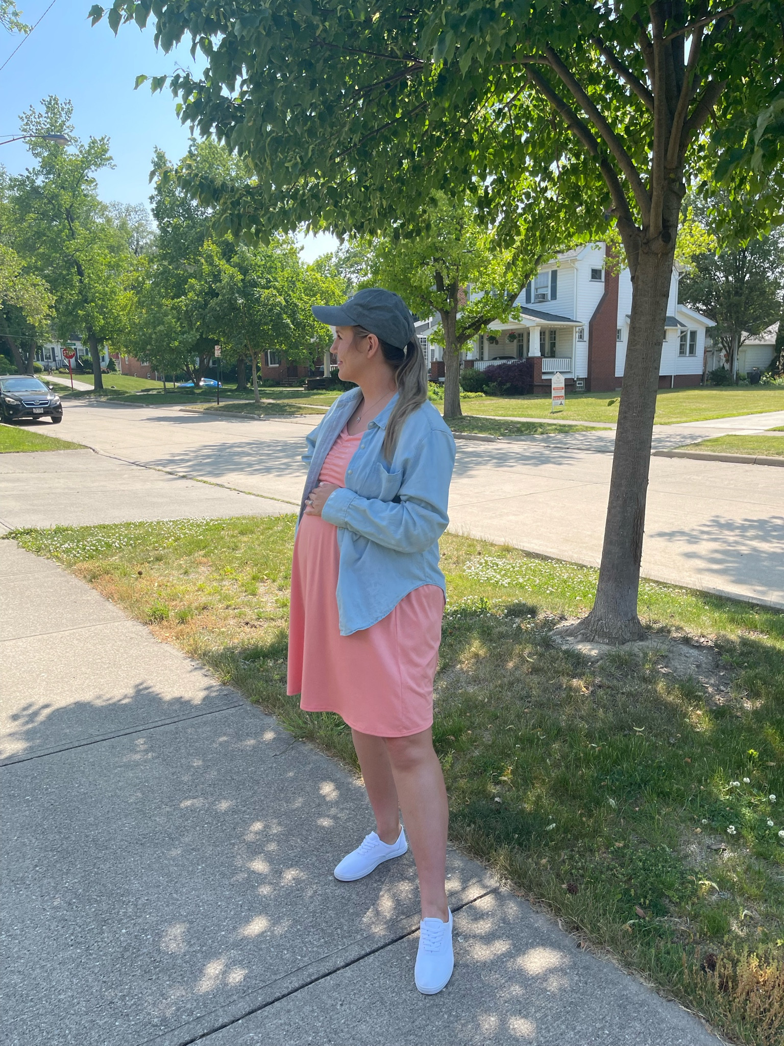 Casual + comfy ALWAYS! 🫶🏻👑 I actually haven’t been minding the slightly cooler temps we’ve been having; I’m literally SO hot all the time now that a lil break is nice. 😅 Wearing one of my pre-pregnancy dresses (size L) and trying to stay as comfy as possible with this bump! 🤰🏼

#dress #sneakers #baseballhat #buttonup #chambray

#LTKunder100 #LTKunder50 #LTKstyletip