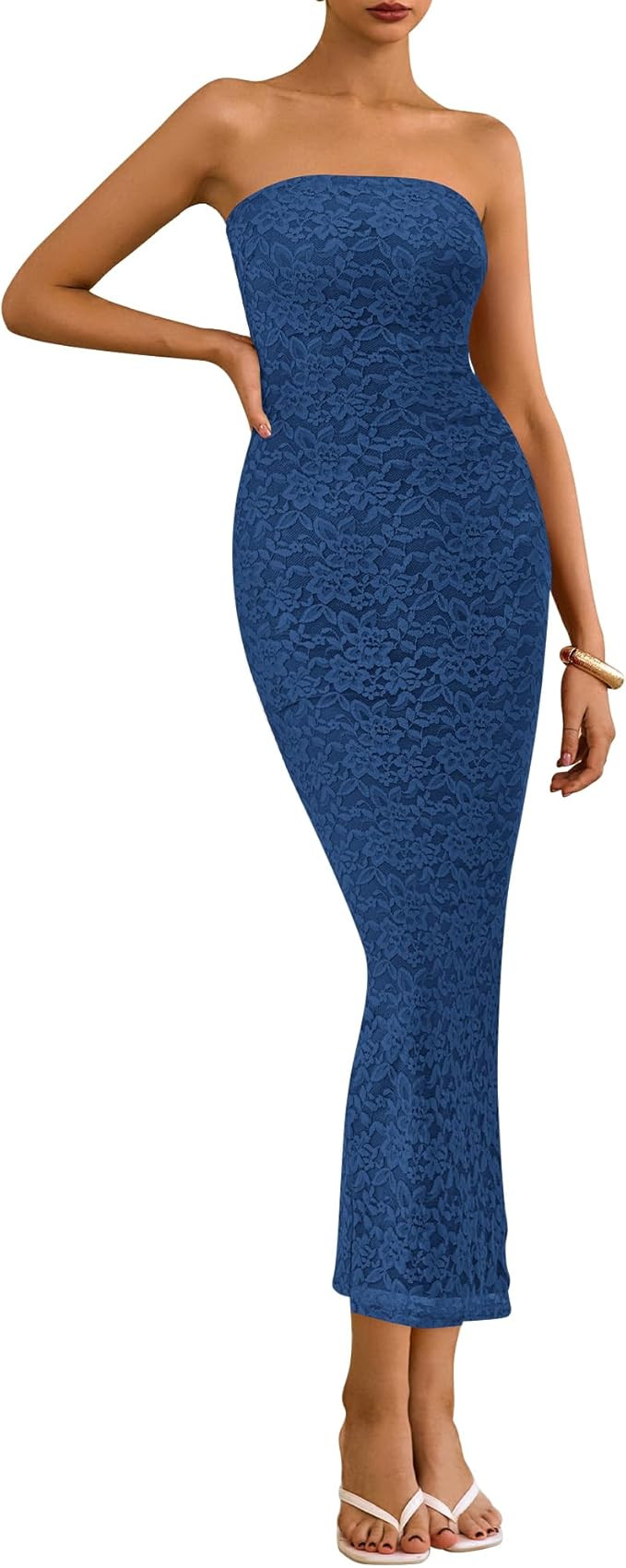 BTFBM Women Strapless Lace Formal Maxi Dress Summer Bodycon Tube Back Slit Cocktail Vacation Beac... | Amazon (US)