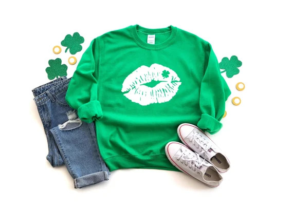 Lucky Kiss Sweatshirt, St Patrick's Day, Irish Gift Sweat, Lip Kiss St Patricks Day Tee, Shamrock... | Etsy (US)