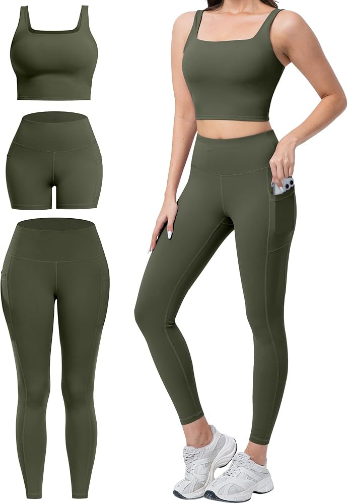 3 Piece Workout Sets for Women High Waisted Leggings with Pockets Tummy Control Biker Shorts Yoga... | Amazon (US)