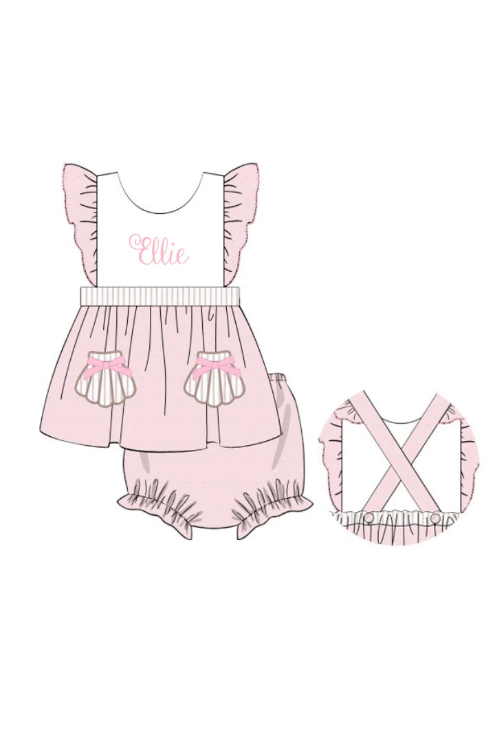 Pre-Order Applique Sea Shell PInk Swiss Dot Bloomer Set | The Smocked Flamingo