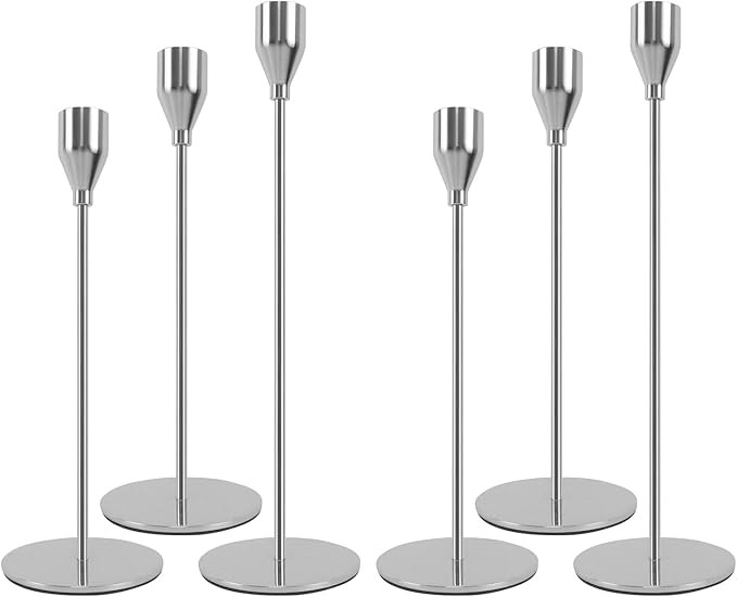 Silver Candlestick Holders Set of 6, Metal Taper Silver Candle Holders, Tall Candle Holder, Fits ... | Amazon (US)