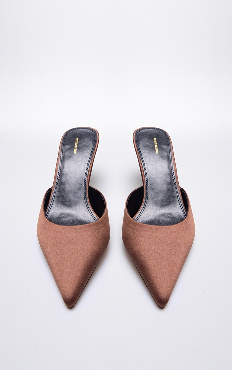 Chocolate Satin Point Toe Mid Stiletto Heeled Mules | PrettyLittleThing US