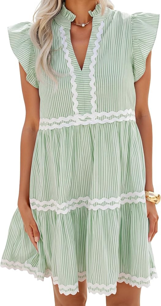 ZESICA Women's Summer Casual Mini Dress 2026 V Neck Flutter Short Sleeve Striped Ruffle A Line Be... | Amazon (US)