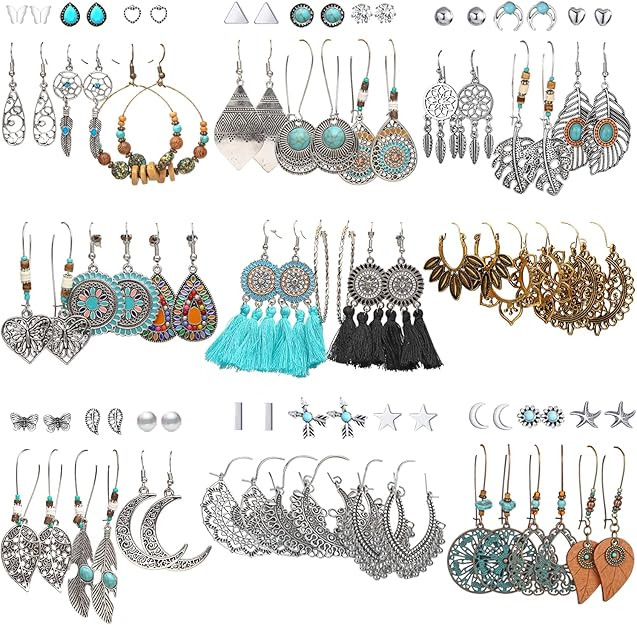 45 Pairs Vintage Silver Drop Dangle Earrings Set for Women Bohemian Bronze Waterdrop Leaf Earring... | Amazon (US)