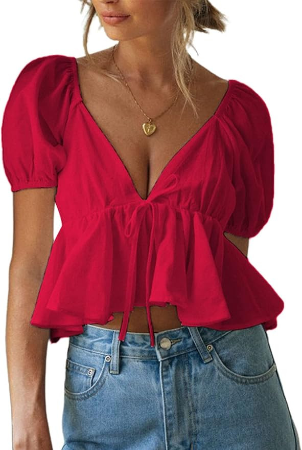 Remidoo Women's Puff Short Sleeve Tie Back V Neck Ruffle Hem Peplum Crop Tops | Amazon (US)
