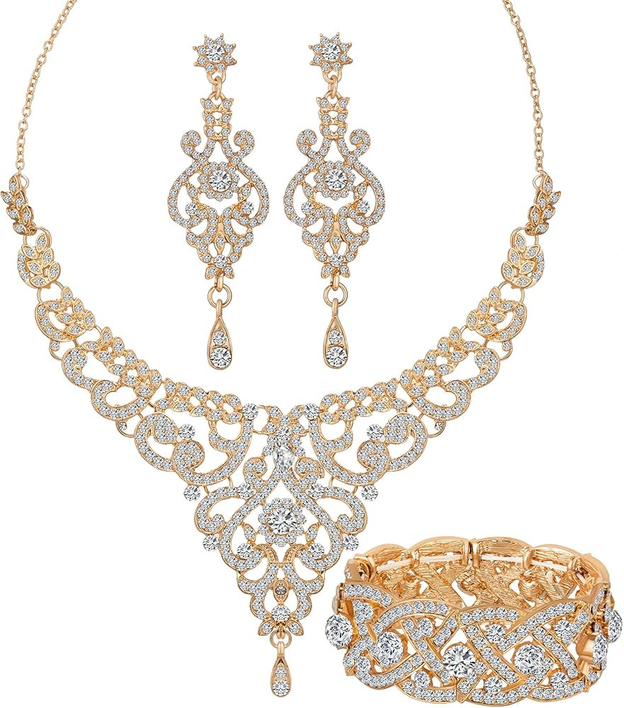 Silver Gold Plated Wedding Jewelry Sets Bridal Necklace Rhinestone Earrings Bracelets | Amazon (US)