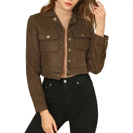 Allegra K Women s Turn Down Collar Faux Suede Cropped Moto Jacket S Coffee | Walmart (US)