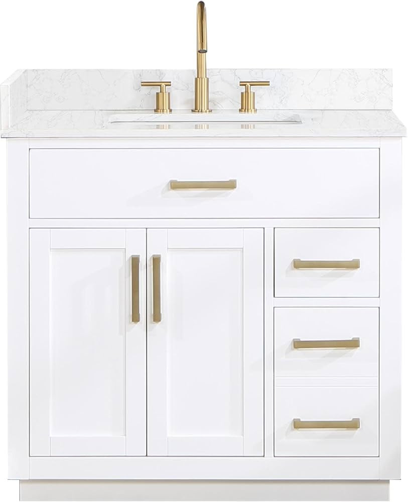 Gavino 36" Wood Vanity in White with Grain White Composite Stone Top no Mirror | Amazon (US)