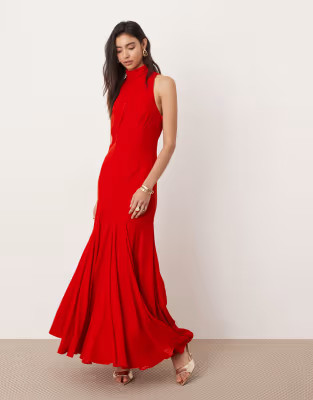 ASOS EDITION velvet halterneck maxi dress with godet skirt in red | ASOS (Global)