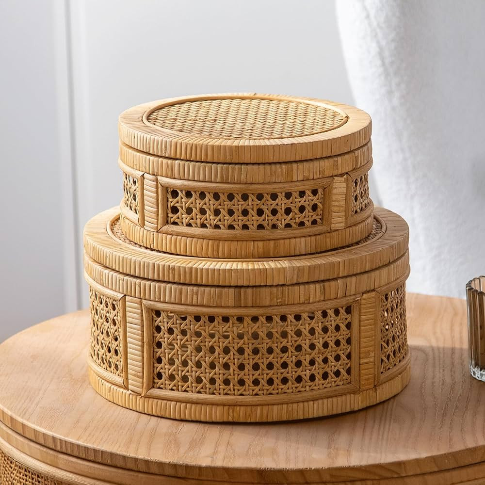 Rattan Decorative Box, Boho Display Boxes with Lids, Set of 2 Rectangular Wicker Storage Basket, ... | Amazon (US)
