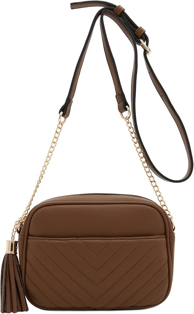 FashionPuzzle Chevron Quilted Crossbody Camera Bag with Chain Strap and Tassel | Amazon (US)