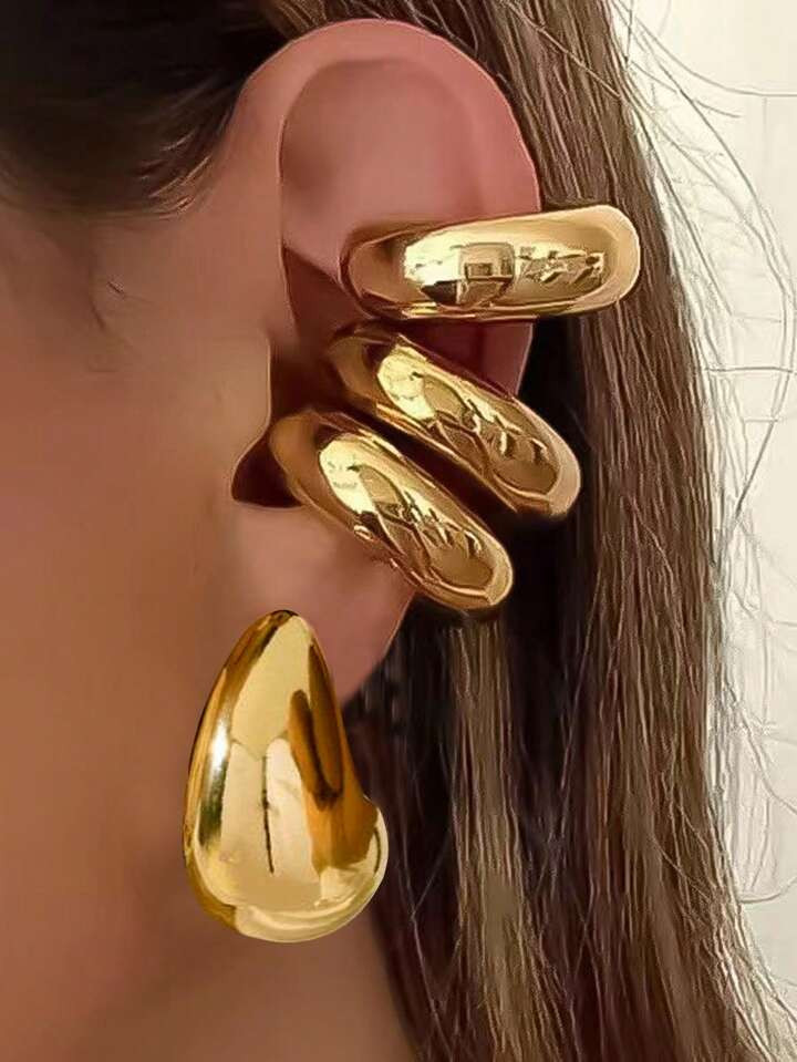 4pcs Teardrop-Shaped Minimalist Ear Studs And C-Shaped Ear Clips Set For Women, Bohemian Style Da... | SHEIN