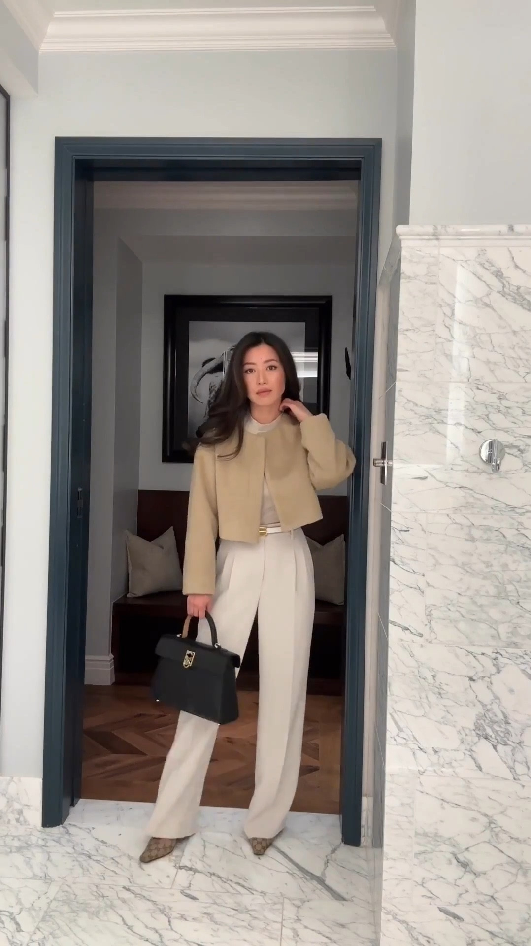 Chic, budget-friendly jacket restocked! I cut off the buttons for a minimalist look. Dyson airwrap also on sale

• Amazon jacket size Xs Brown, sleeves folded under - Very cropped fyi but I love it for my height. a thicker weight with lining. Sleeves are long on me so I folded them under. depending on industry dress code you could go more traditional with a blazer vs trendier jacket. 

• aritzia effortless pants 0 short - These pants are beautiful quality and now come in a newer “shorter” length for petites that’s 2 inches shorter than the one I’m wearing (mine are Short, and a little long for me at 5 feet tall so I might get them hemmed ). In hindsight I could’ve done my usual size 00 for the waist 

• gap mock neck Xs petite 

• edited pieces belt xxs 

•Heaven Mayhem earrings - so lightweight! 

• Cafune stance bag not linkable 

• gucci slingbacks 5 

• dyson air wrap long barrel currently $100 off! 

Makeup favorites: 
• Patrick ta blush shade “Not Too Much" 

• Patrick ta double ended sculpting brush

• Charlotte tilbury lipstick in “pillow talk" such a pretty and creamy everyday neutral 

Conference outfit, workwear , corporate style , business fashion , work outfit

#LTKWorkwear #LTKPetite #LTKWatchNow