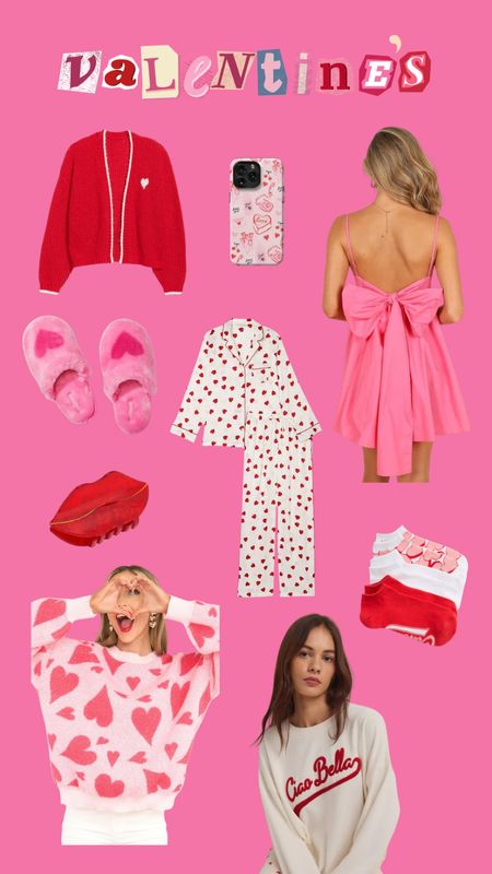 Valentine’s Day outfits for any of your plans this v-day. 

Heart slippers, pink bow dress, pink heart sweater, valentines crewneck, Valentine pajamas, valentines pjs, heart claw clip, Valentine claw clip, red cardigan, casely, valentines case 