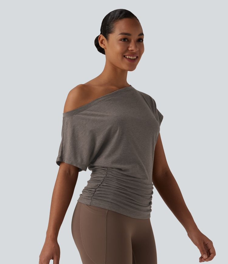 Women’s One Shoulder Short Sleeve Ruched Yoga Sports Top - Halara | HALARA