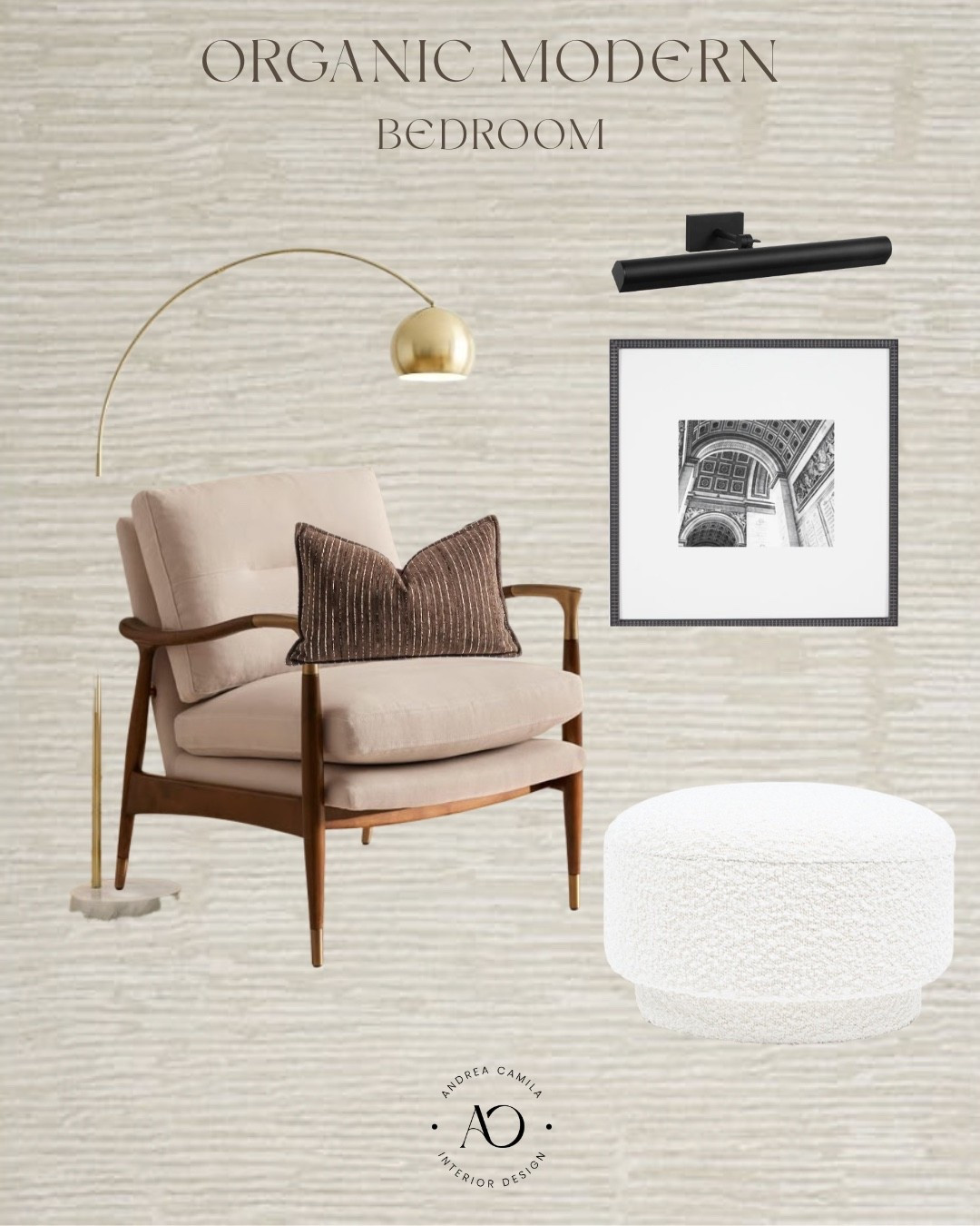 Affordable quiet luxury bedroom. Soft, brown pillow, cover, striped textured farmhouse, gold floor lamp, chic arc lamp, upholstered, bouclé, ottoman, LED picture, light, mid-century, modern armchair, wool hand, tufted striped area rug.
#LTKHome