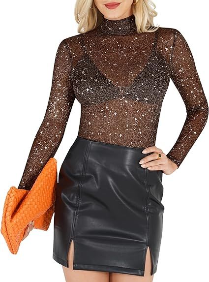 MANGOPOP Glitter Sheer Mesh Top Women Short Long Sleeve Sexy Shirt See Through Clubwear Tee Slim ... | Amazon (US)