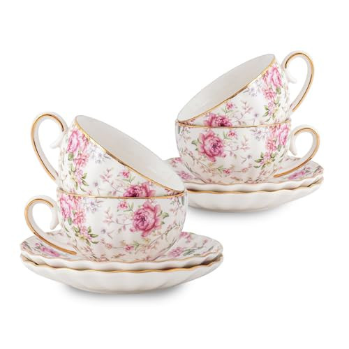 Agyiuns Tea Cup and Saucers, 6.4oz Floral Tea Cups with Gold Trim, Porcelain Bone China Teacup, Coffee Cappuccino Espresso Latte Mugs for Party Birthday,Party Cafe Home, Christmas Gift (White) | Amazon (US)