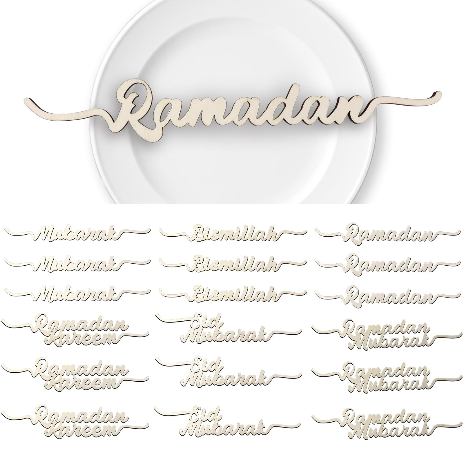 JULBEAR Ramadan Mubarak Wood Sign, 18 Pcs Ramadan Sign Hanging Ramadan Kareem Ornament Wooden Ramadan Table Decor Eid Mubarak Plates Islamic Wall Table Decor for Home Party Eid Mubarak Decorations | Amazon (US)
