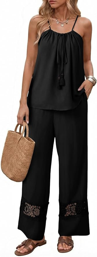 Dokotoo 2 Piece Sets for Women Summer Spaghetti Strap Tie Knot Top Lace Wide Leg Pants Set | Amazon (US)