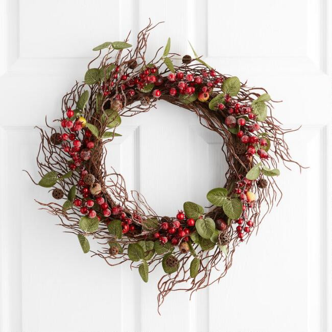 Flocked Faux Red Berry and Twig Wreath | World Market
