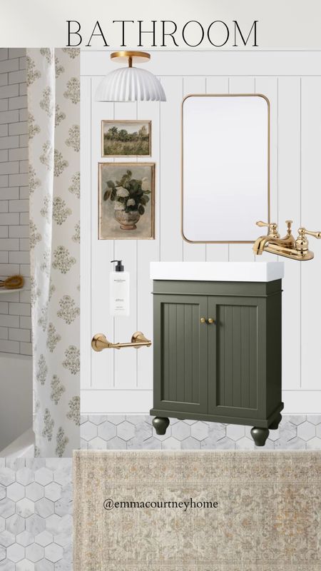 Bathroom mood board with the restocked and on sale block print shower curtain from McGee and co! Shiplap walls, green vanity 

#LTKhome #LTKFind #LTKSale