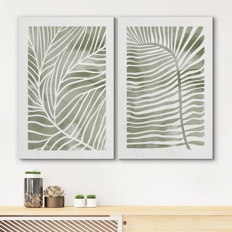Green White Tropical Island Palm Leaves Nature Modern Art On Canvas 2 Pieces Print | Wayfair North America
