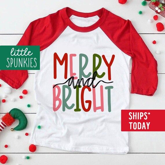 Merry & Bright Raglan Christmas Shirt for Kids Toddler | Etsy | Etsy (US)