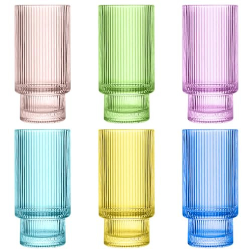 Dingerjar Stackable Ribbed Glass Cup Set of 6 12oz, Colored Iced Tea Glasses for Water, Beverage, Juice, Wine, Beer, and Cocktails | Amazon (US)