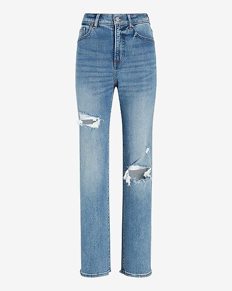 Super High Waisted Light Wash Ripped Modern Straight Jeans | Express