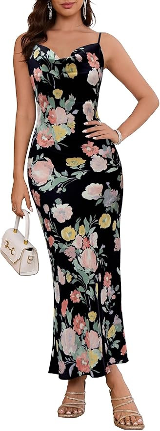 Women's 2025 Summer Satin Dress Spaghetti Strap Elegant Cowl Neck Midi Wedding Cocktail Evening L... | Amazon (US)