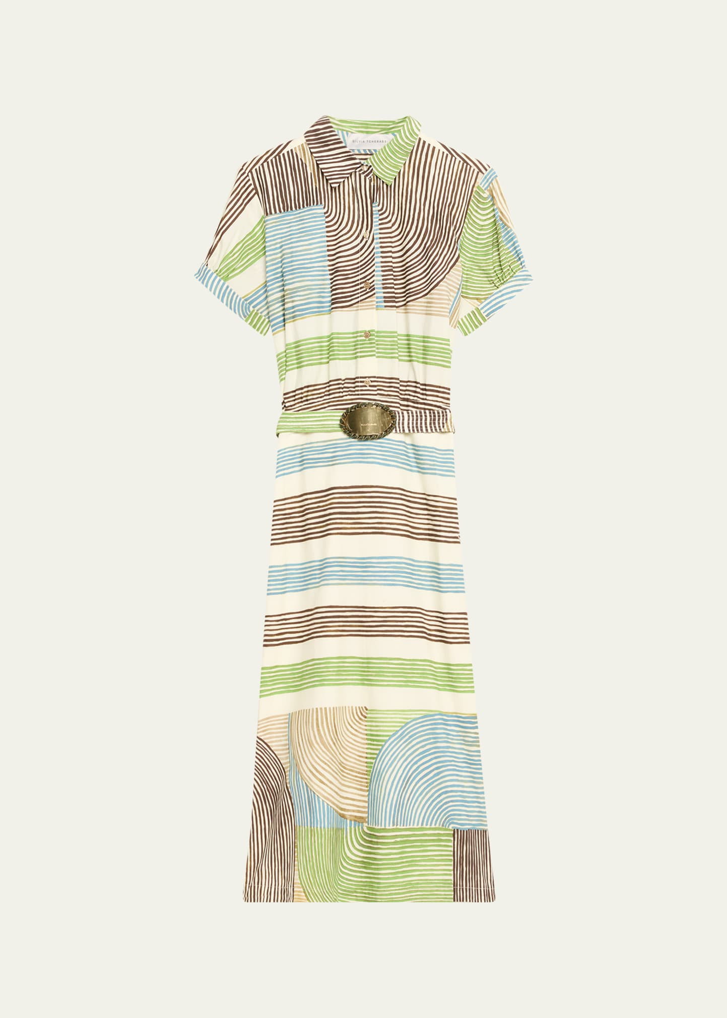 Silvia Tcherassi Odila Striped Short-Sleeve Midi Shirtdress With Belt | Bergdorf Goodman