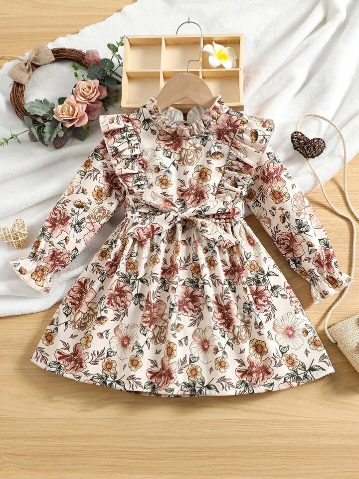 SHEIN Kids EVRYDAY Toddler Girls Allover Floral Ruffle Trim Flounce Sleeve Belted Dress | SHEIN
