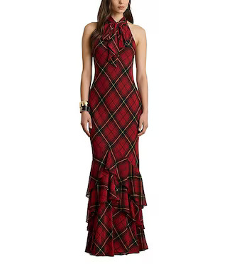 Lauren Ralph Lauren Plaid Print Georgette Halter Keyhole Neck Sleeveless Ruffle Tiered Gown | Dil... | Dillard's